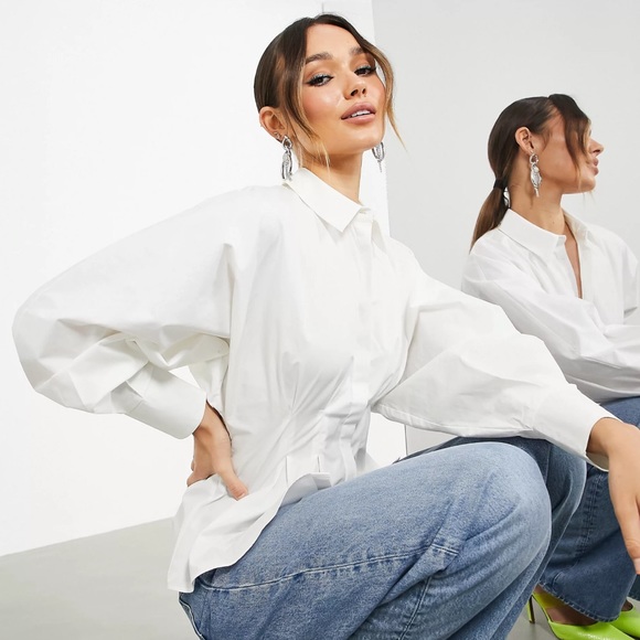 ASOS Edition Pleated Waist Shirt in White - Picture 2 of 7